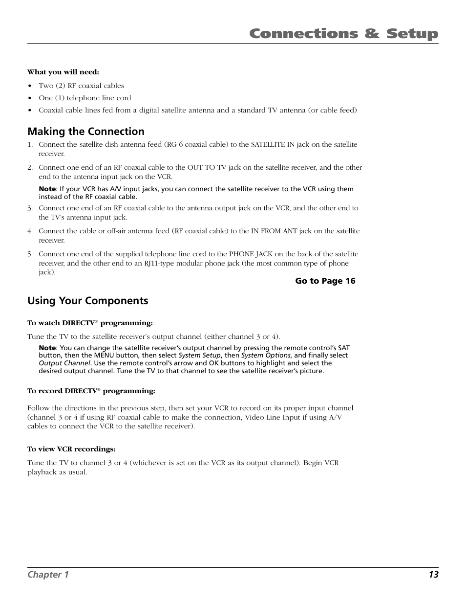 Connections & setup, Making the connection, Using your components | RCA Satellite TV System User Manual | Page 15 / 80