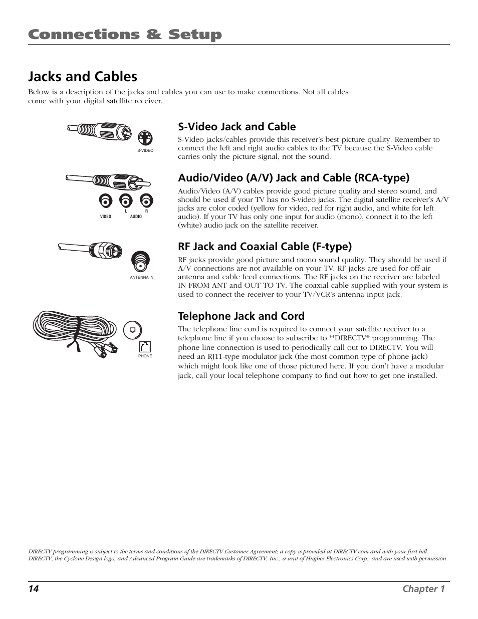 Jacks and cables, Connections & setup, S-video jack and cable | Audio/video (a/v) jack and cable (rca-type), Rf jack and coaxial cable (f-type), Telephone jack and cord | RCA Satellite TV System User Manual | Page 16 / 80