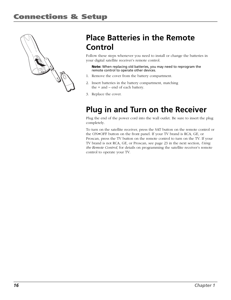 Place batteries in the remote control, Plug in and turn on the receiver, Connections & setup | RCA Satellite TV System User Manual | Page 18 / 80