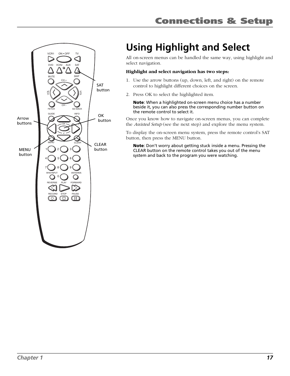 Using highlight and select, Connections & setup, Chapter 1 17 | RCA Satellite TV System User Manual | Page 19 / 80