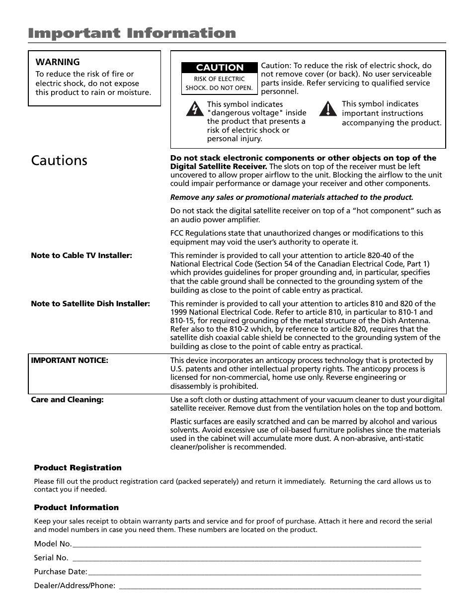 Cautions, Important information | RCA Satellite TV System User Manual | Page 2 / 80