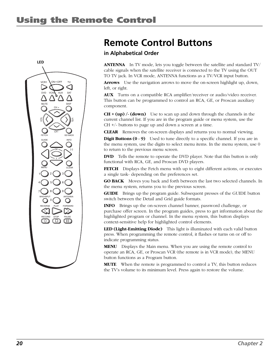 Remote control buttons, Using the remote control, 20 chapter 2 | RCA Satellite TV System User Manual | Page 22 / 80