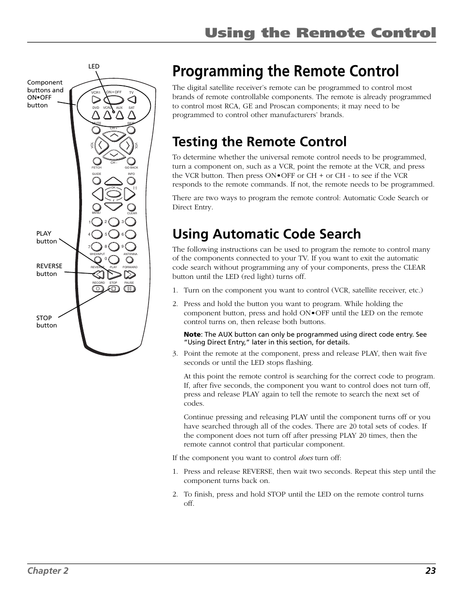 Programming the remote control, Using the remote control, Testing the remote control | Using automatic code search, Chapter 2 23 | RCA Satellite TV System User Manual | Page 25 / 80