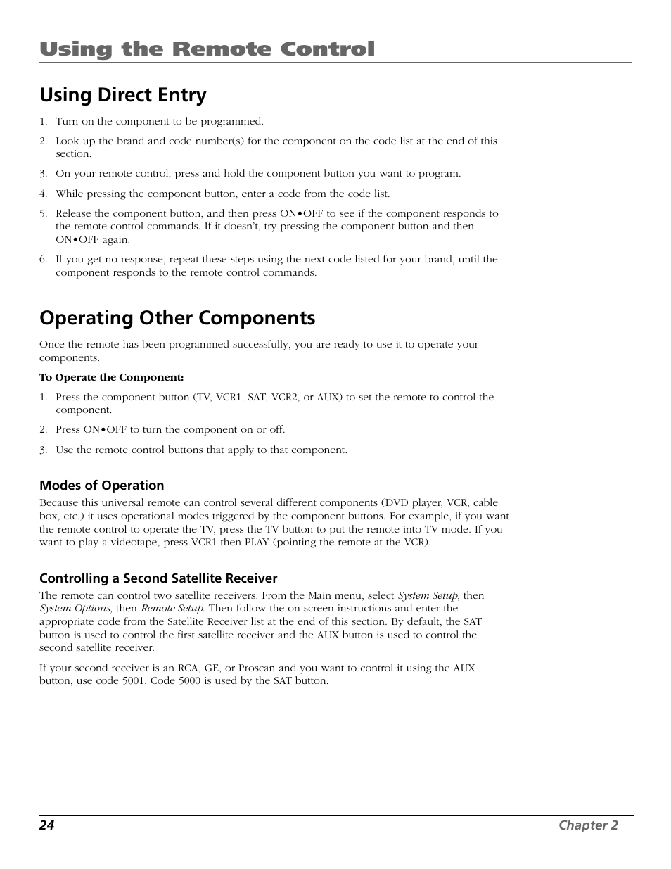 Operating other components, Using the remote control, Using direct entry | RCA Satellite TV System User Manual | Page 26 / 80