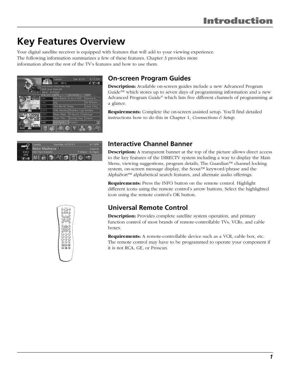 Key features overview, Introduction, On-screen program guides | Interactive channel banner, Universal remote control, Stop pause, Record play forward reverse fetch go back, Info menu ok clear guide antenna, Who•input | RCA Satellite TV System User Manual | Page 3 / 80