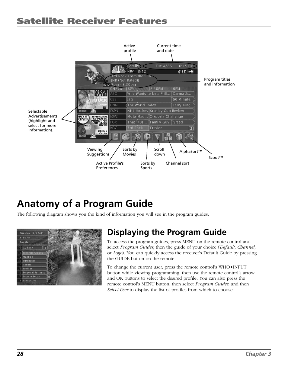 Displaying the program guide, Anatomy of a program guide, Satellite receiver features | RCA Satellite TV System User Manual | Page 30 / 80