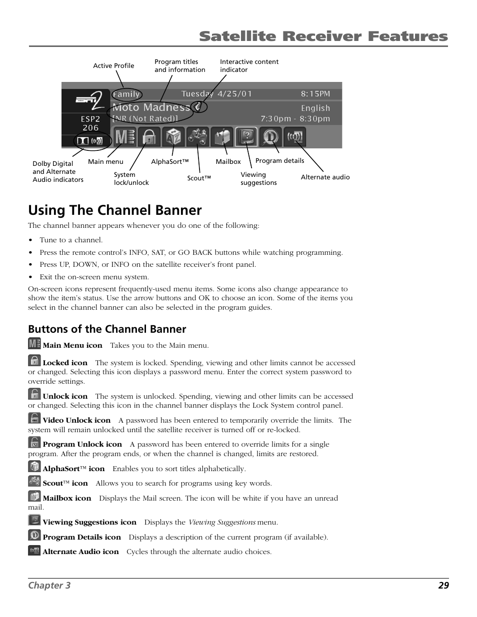 Using the channel banner, Buttons of the channel banner | RCA Satellite TV System User Manual | Page 31 / 80
