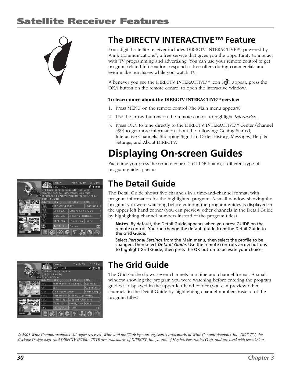 Directv interactive, Detail guide, Grid guide | Displaying on-screen guides, Satellite receiver features, The directv interactive™ feature, The detail guide, The grid guide | RCA Satellite TV System User Manual | Page 32 / 80