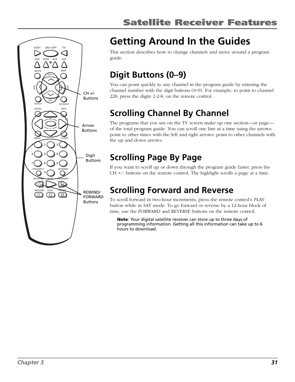 Getting around in the guides, Satellite receiver features, Digit buttons (0–9) | Scrolling channel by channel, Scrolling page by page, Scrolling forward and reverse, Chapter 3 31 | RCA Satellite TV System User Manual | Page 33 / 80
