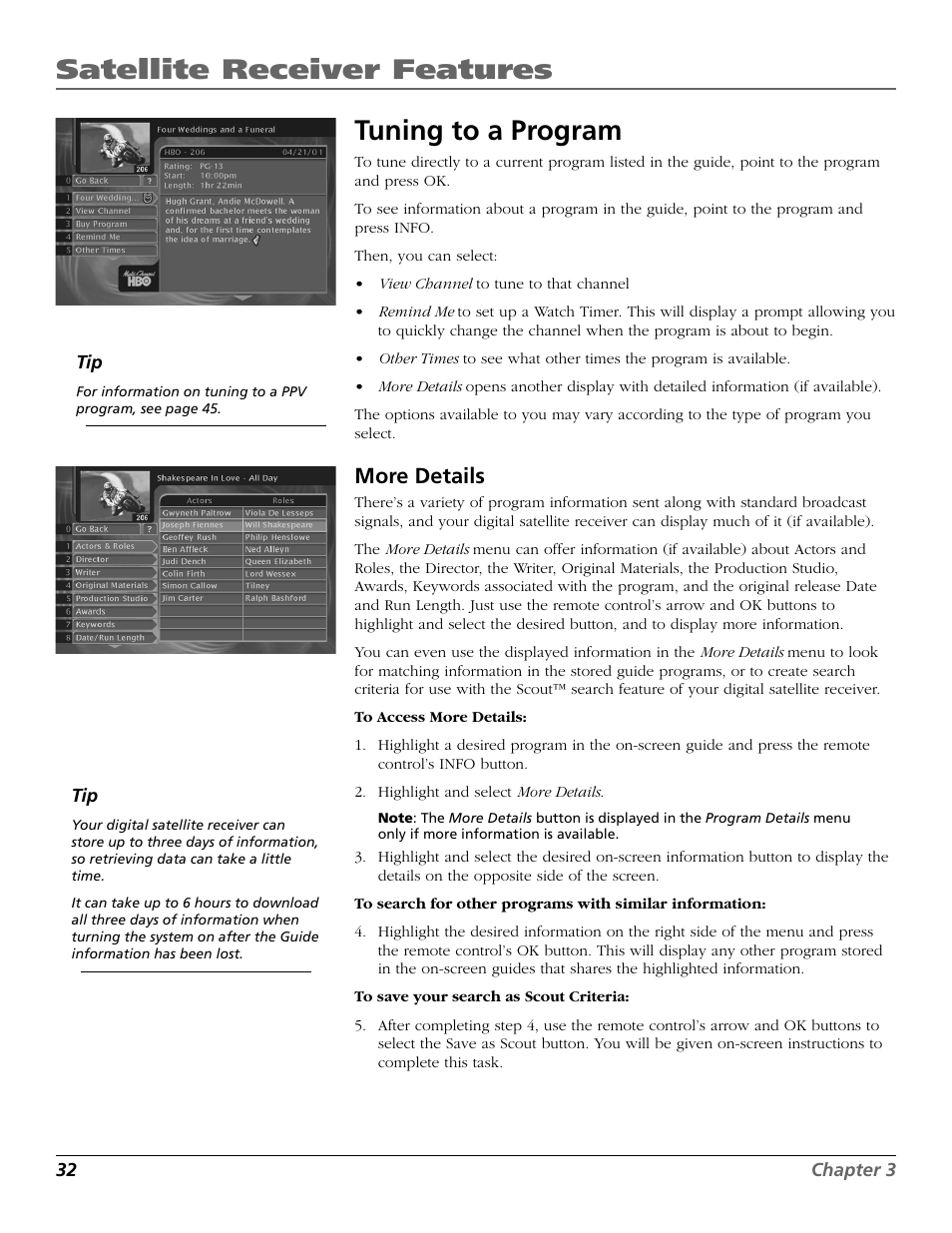 More details screen, Satellite receiver features, Tuning to a program | More details | RCA Satellite TV System User Manual | Page 34 / 80