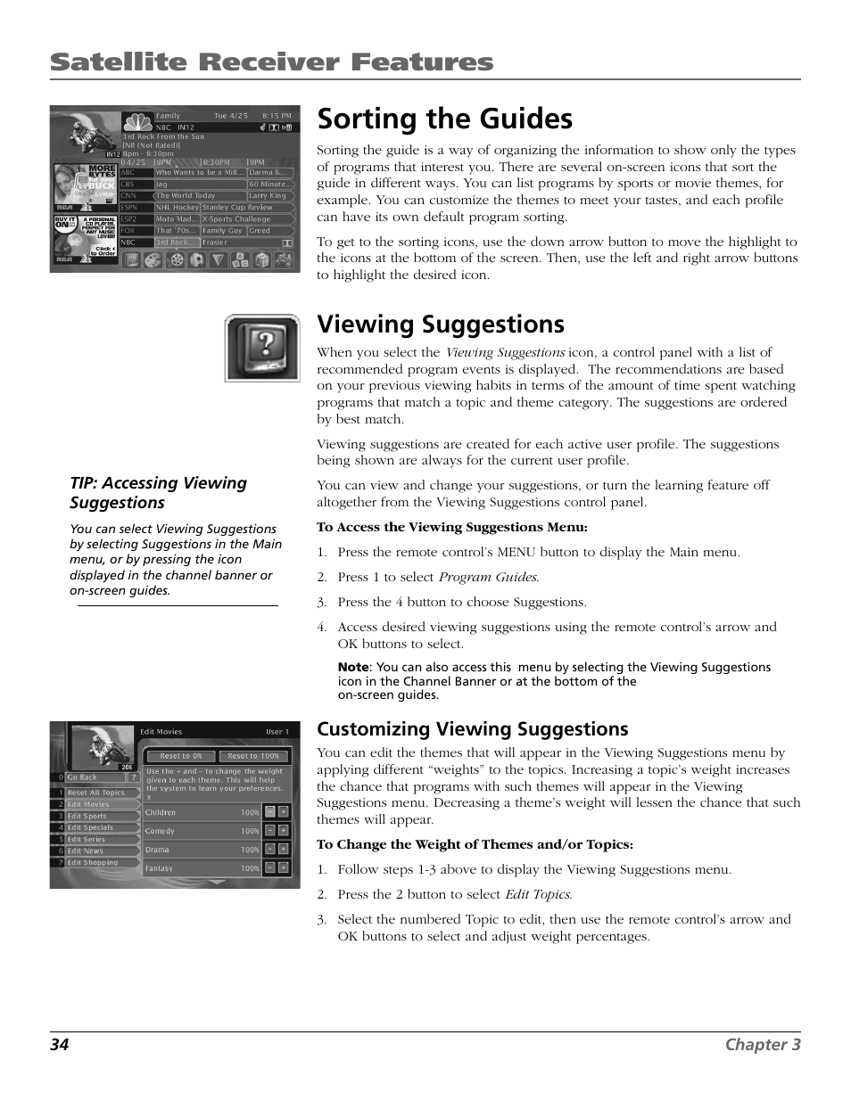 Sorting the guides, Viewing suggestions, Satellite receiver features | Customizing viewing suggestions | RCA Satellite TV System User Manual | Page 36 / 80
