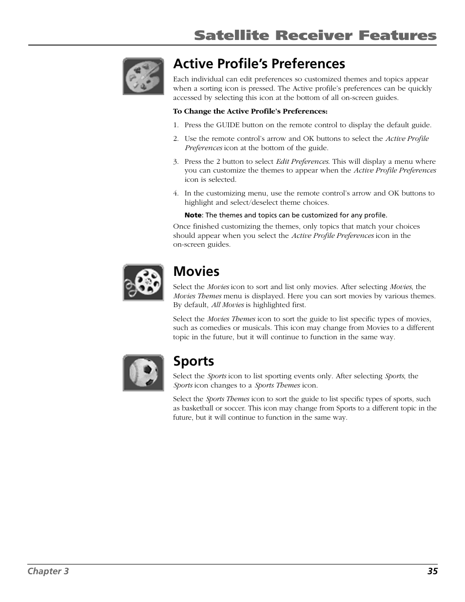 Active profile's preferences, Movies, Sports | RCA Satellite TV System User Manual | Page 37 / 80