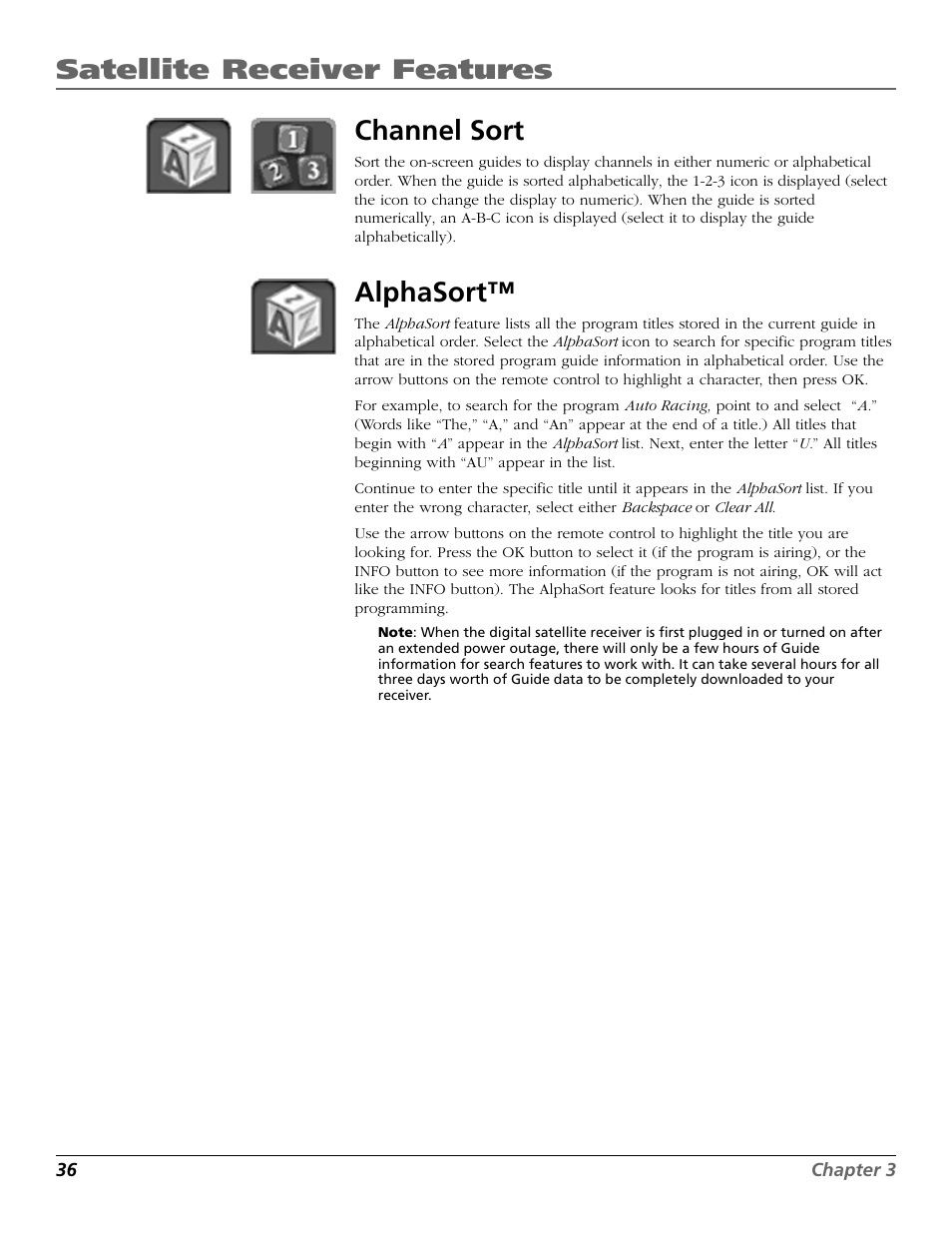 Channel sort, Alphasort, Satellite receiver features | RCA Satellite TV System User Manual | Page 38 / 80