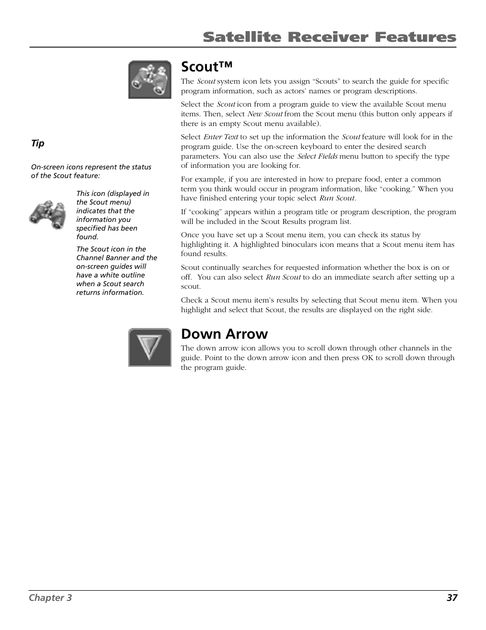 Scout, Down arrow, Satellite receiver features scout | RCA Satellite TV System User Manual | Page 39 / 80