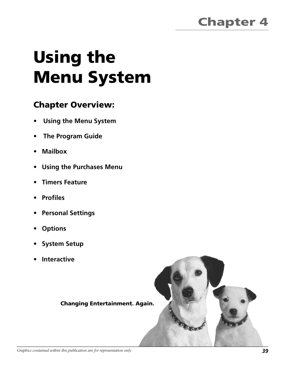 Using the menu system, Chapter 4, Chapter overview | RCA Satellite TV System User Manual | Page 41 / 80