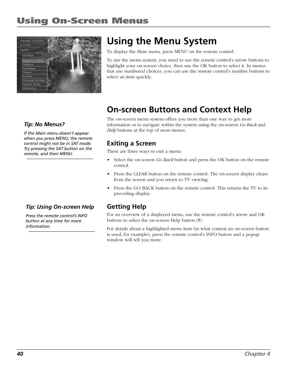 On-screen buttons and context help, Using the menu system, Using on-screen menus | RCA Satellite TV System User Manual | Page 42 / 80