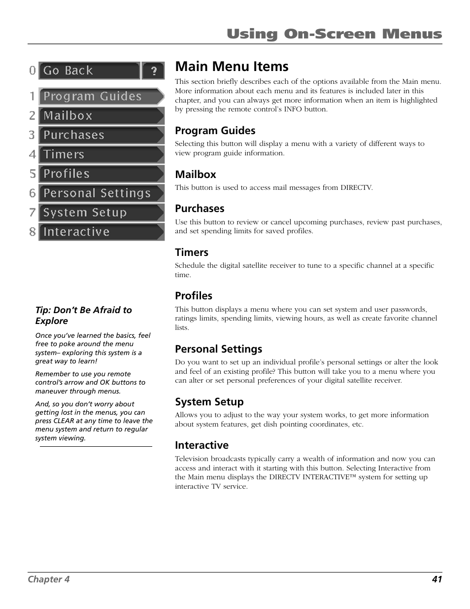 Main menu items, Using on-screen menus | RCA Satellite TV System User Manual | Page 43 / 80