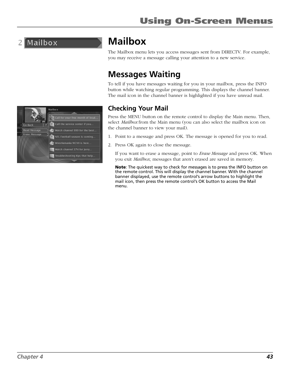 Mailbox, Using on-screen menus, Messages waiting | RCA Satellite TV System User Manual | Page 45 / 80
