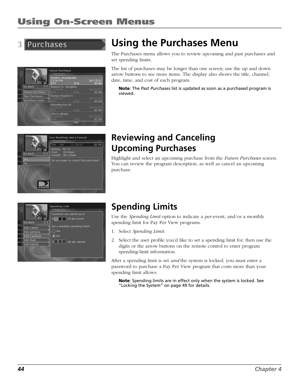 Purchases, Using the purchases menu, Using on-screen menus | Reviewing and canceling upcoming purchases, Spending limits | RCA Satellite TV System User Manual | Page 46 / 80
