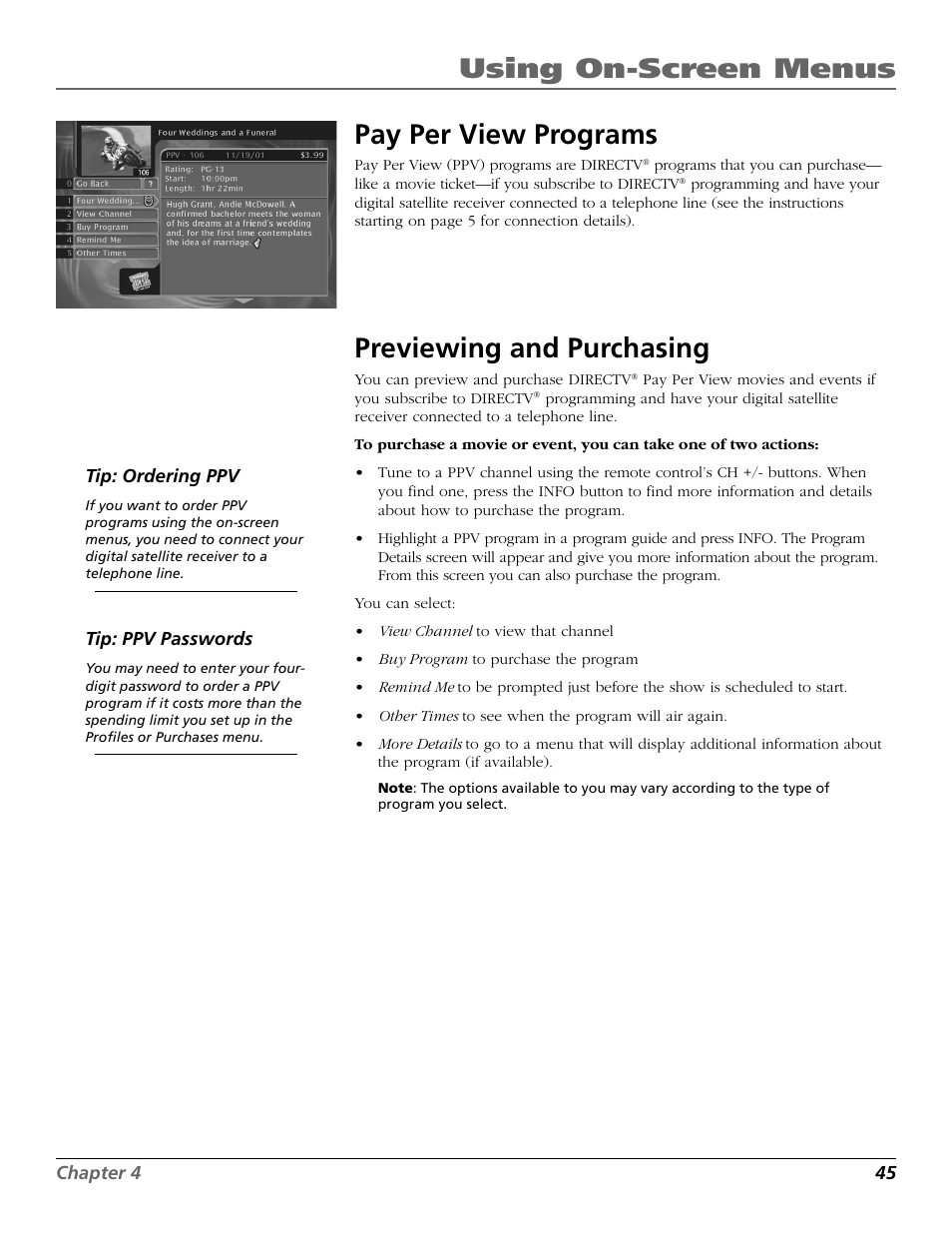 Using on-screen menus pay per view programs, Previewing and purchasing | RCA Satellite TV System User Manual | Page 47 / 80
