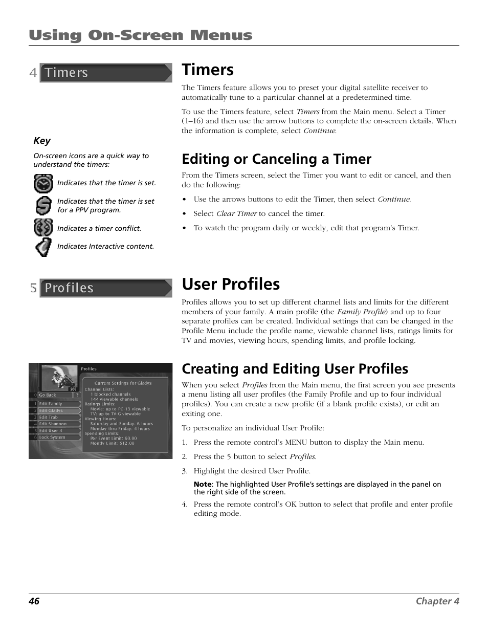 Timers, Profiles, User profiles | Using on-screen menus, Editing or canceling a timer, Creating and editing user profiles | RCA Satellite TV System User Manual | Page 48 / 80