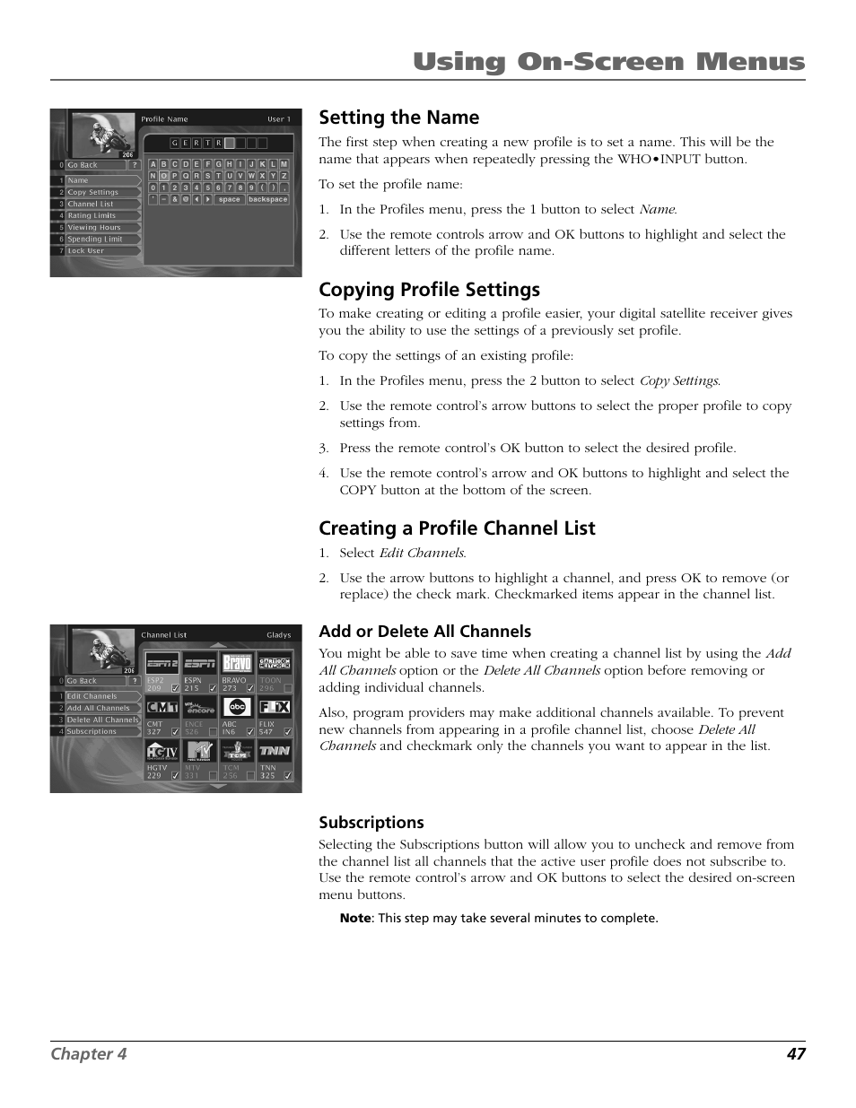 Using on-screen menus, Setting the name, Copying profile settings | Creating a profile channel list | RCA Satellite TV System User Manual | Page 49 / 80