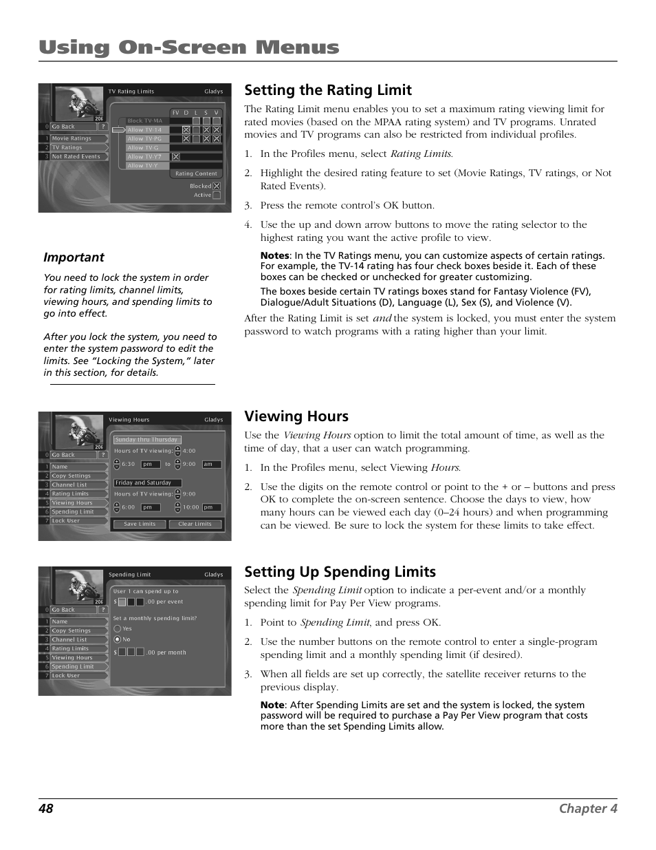 Using on-screen menus, Setting the rating limit, Viewing hours | Setting up spending limits | RCA Satellite TV System User Manual | Page 50 / 80