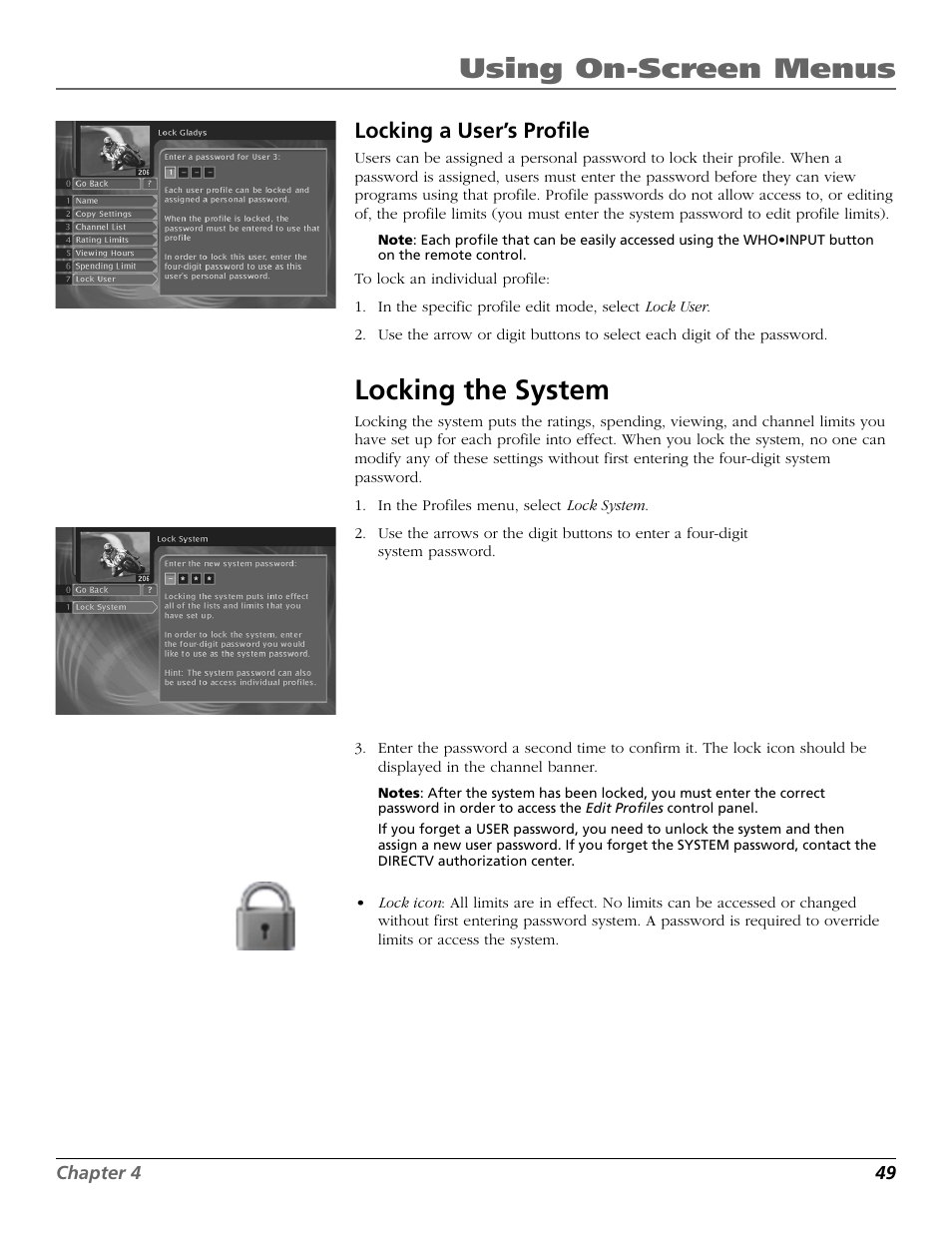 Locking the system, Using on-screen menus, Locking a user’s profile | RCA Satellite TV System User Manual | Page 51 / 80