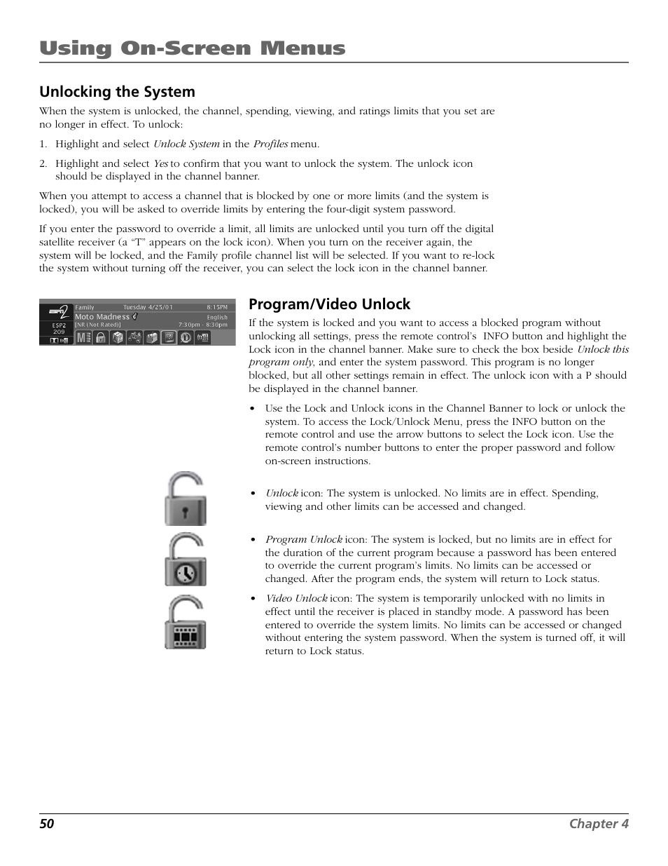 Using on-screen menus, Unlocking the system, Program/video unlock | RCA Satellite TV System User Manual | Page 52 / 80