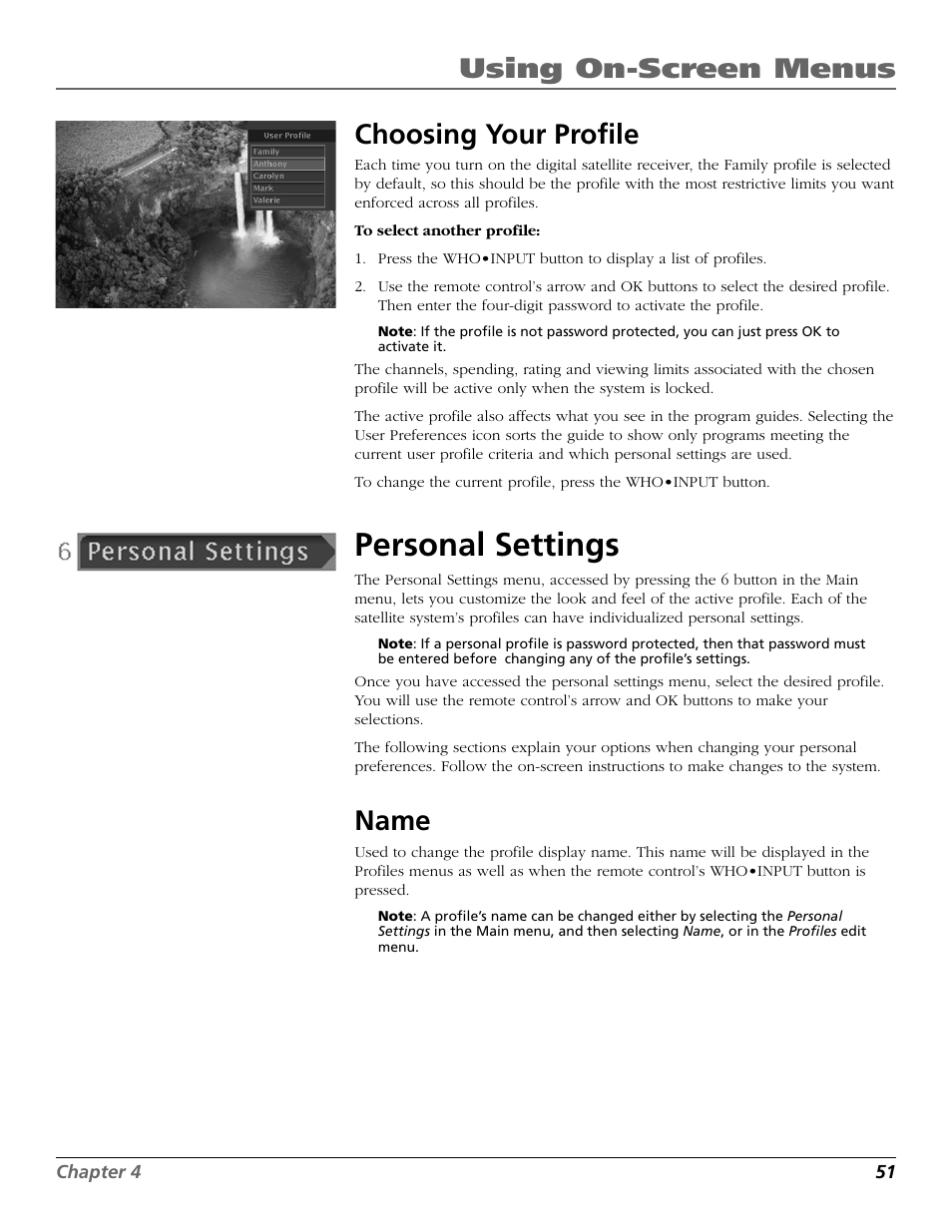 Personal settings, Using on-screen menus choosing your profile, Name | RCA Satellite TV System User Manual | Page 53 / 80