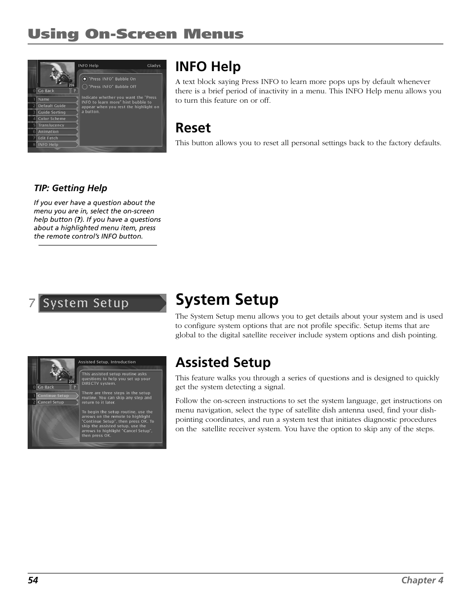 System setup, Using on-screen menus info help, Reset | Assisted setup | RCA Satellite TV System User Manual | Page 56 / 80