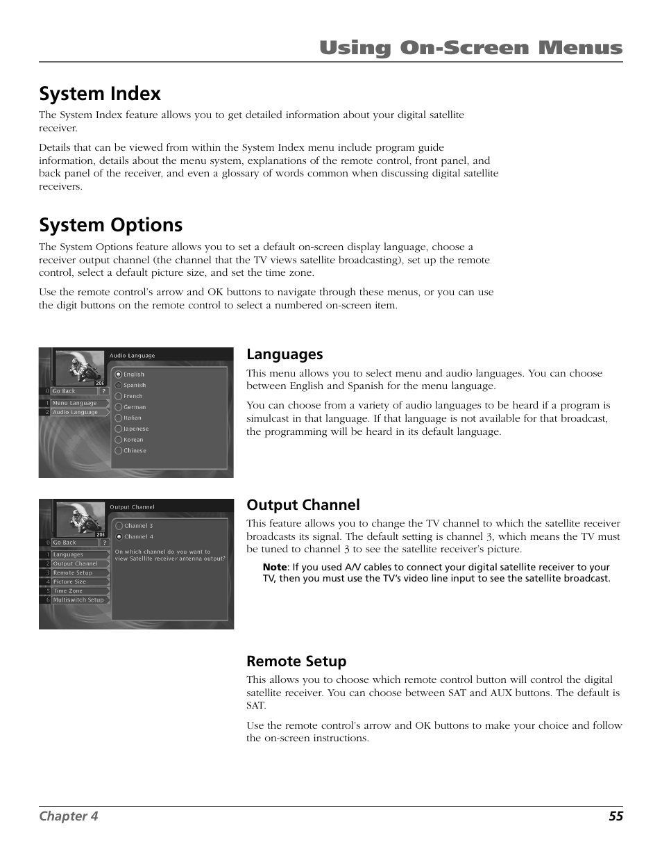 Using on-screen menus system index, System options | RCA Satellite TV System User Manual | Page 57 / 80