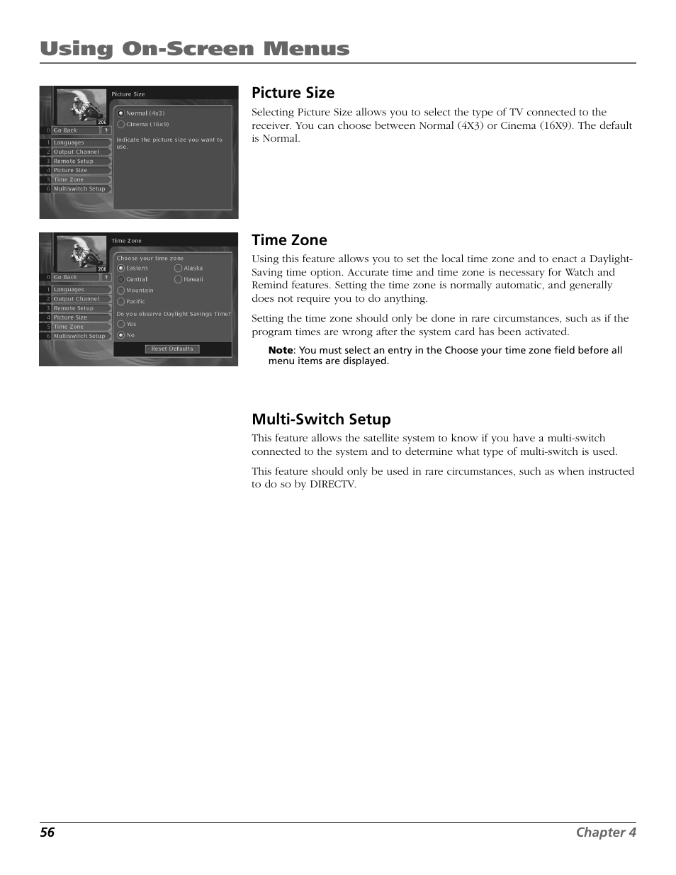 Using on-screen menus | RCA Satellite TV System User Manual | Page 58 / 80