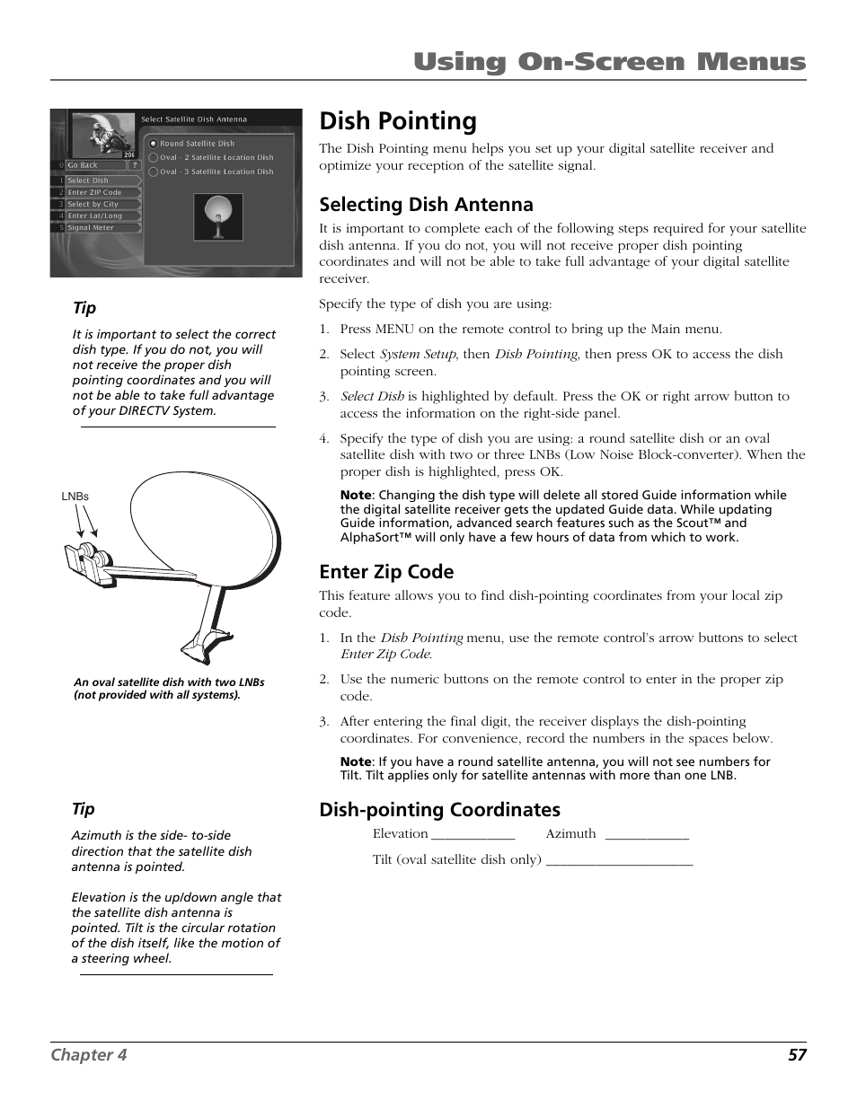 Dish pointing, Using on-screen menus dish pointing, Selecting dish antenna | Enter zip code, Dish-pointing coordinates | RCA Satellite TV System User Manual | Page 59 / 80