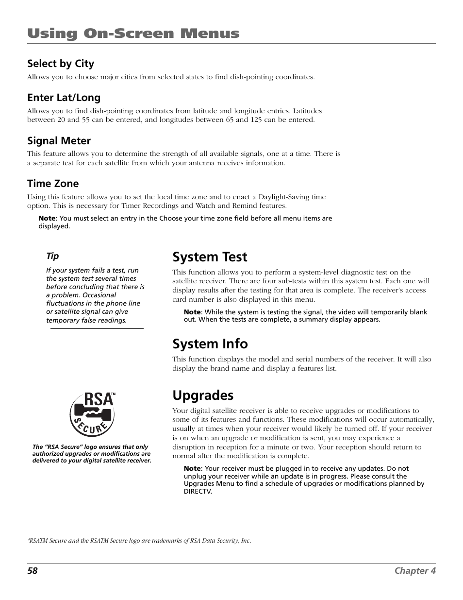 System test, Using on-screen menus, System info | Upgrades | RCA Satellite TV System User Manual | Page 60 / 80