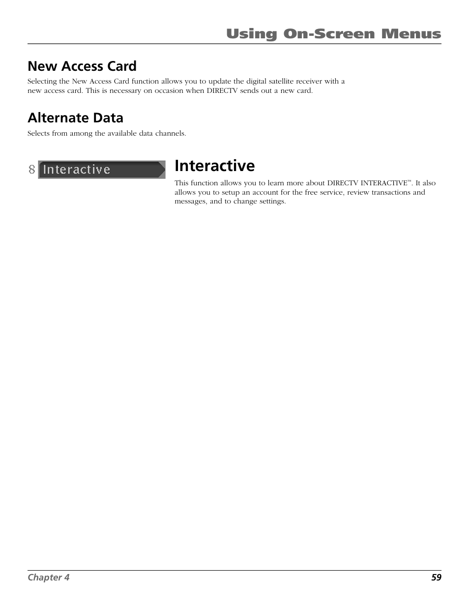 Interactive, Using on-screen menus new access card, Alternate data | RCA Satellite TV System User Manual | Page 61 / 80