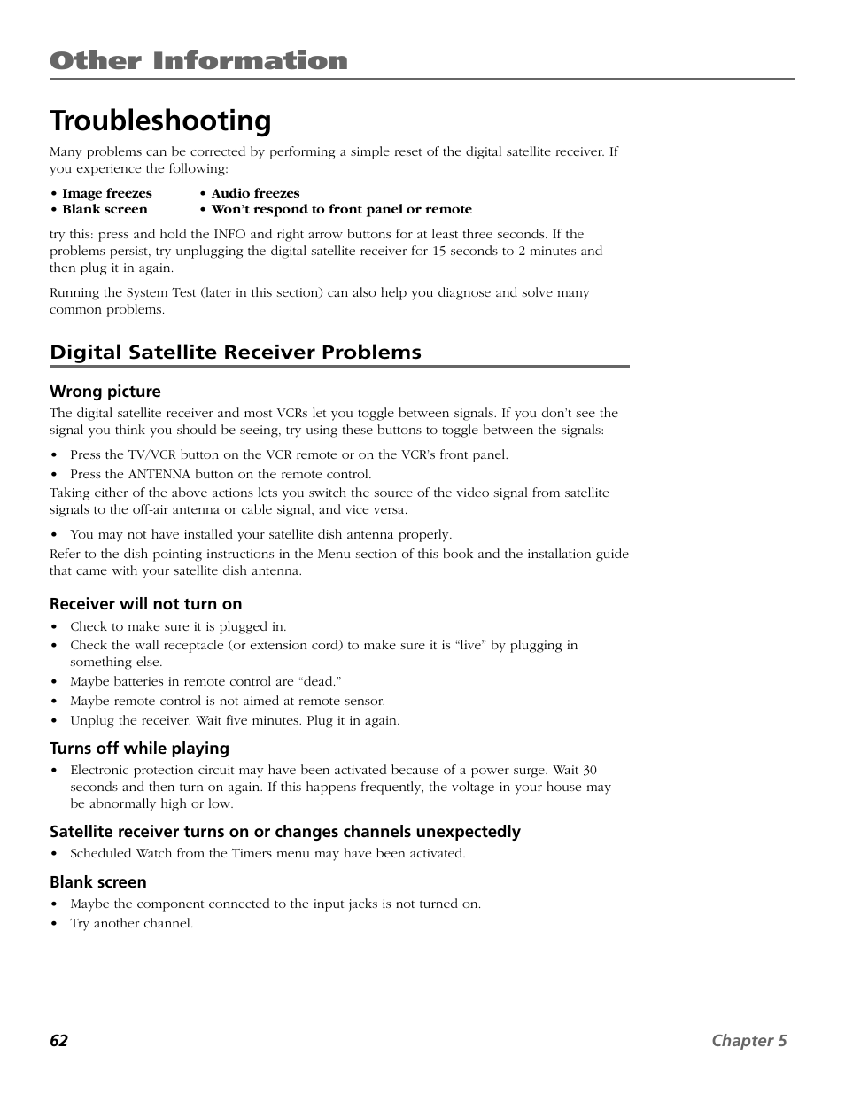 Troubleshooting, Other information, Digital satellite receiver problems | RCA Satellite TV System User Manual | Page 64 / 80