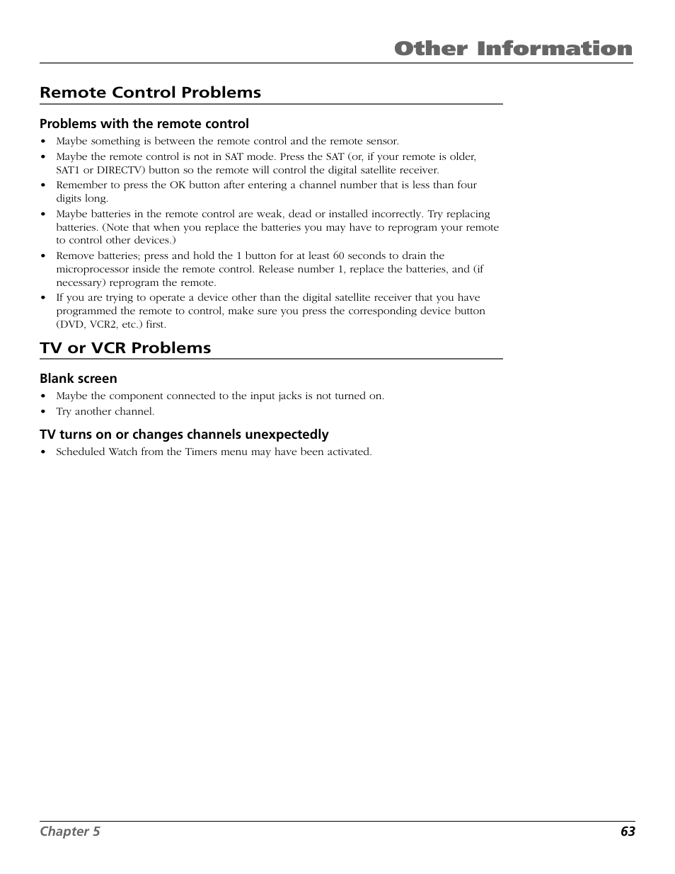 Other information, Remote control problems, Tv or vcr problems | RCA Satellite TV System User Manual | Page 65 / 80