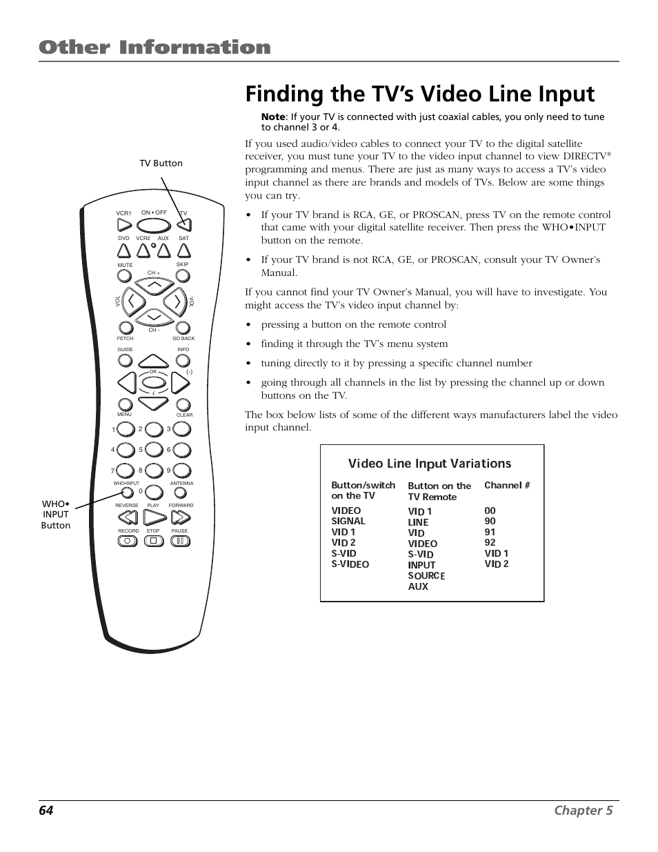 Finding the tv's video line input, Finding the tv’s video line input, Other information | 64 chapter 5, Video line input variations | RCA Satellite TV System User Manual | Page 66 / 80