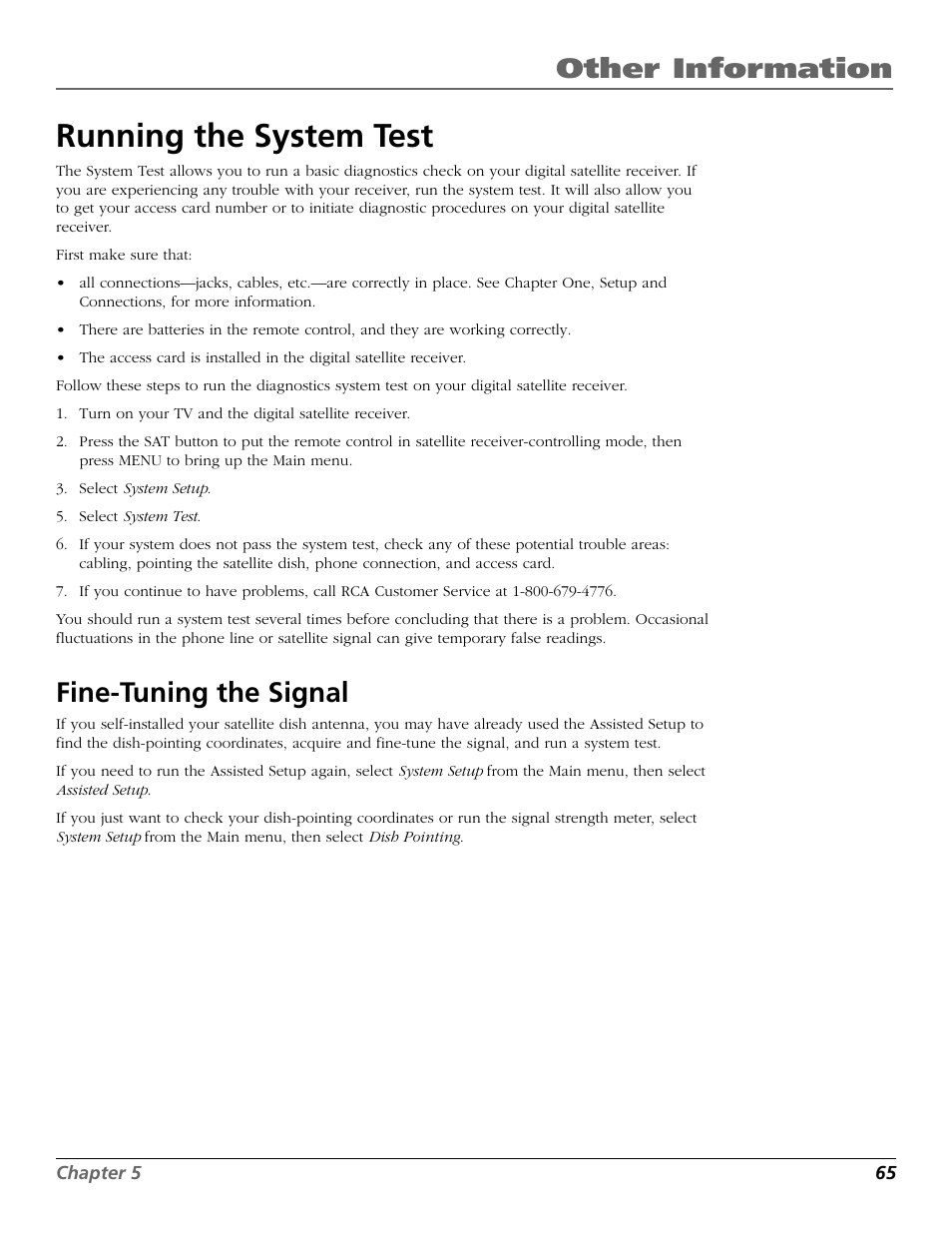 Running the system test, Other information, Fine-tuning the signal | RCA Satellite TV System User Manual | Page 67 / 80