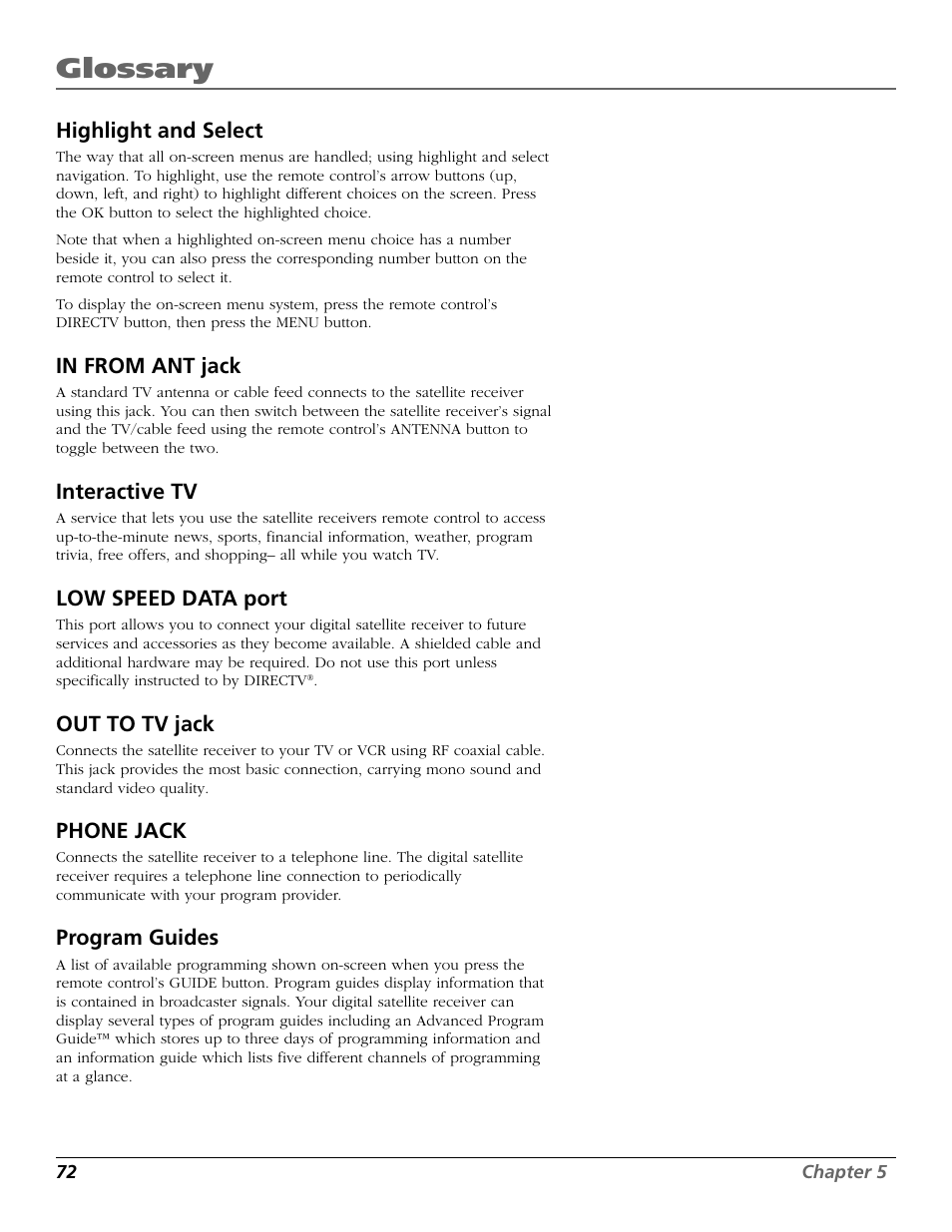 Glossary | RCA Satellite TV System User Manual | Page 74 / 80