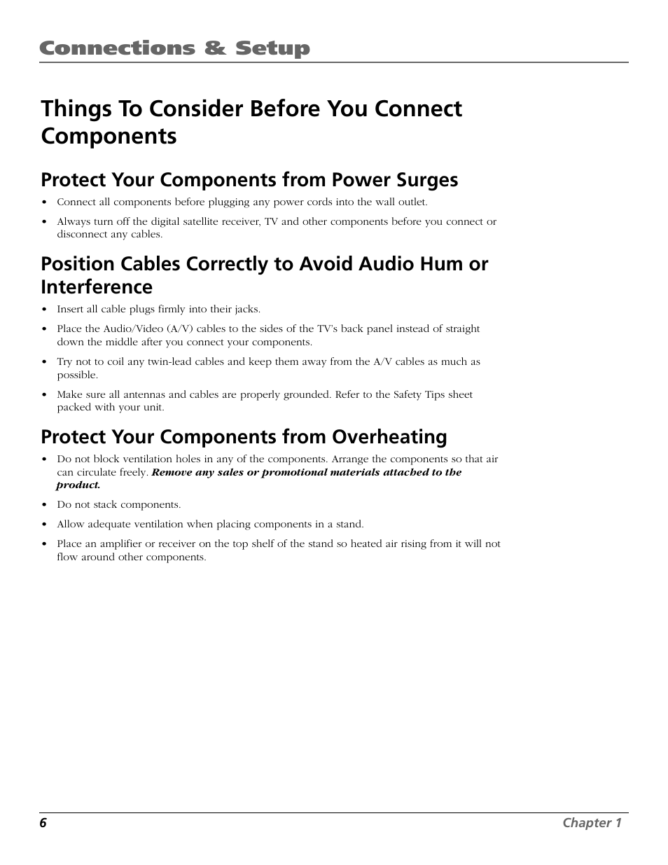 Things to consider before you connect, Things to consider before you connect components, Connections & setup | Protect your components from power surges, Protect your components from overheating | RCA Satellite TV System User Manual | Page 8 / 80