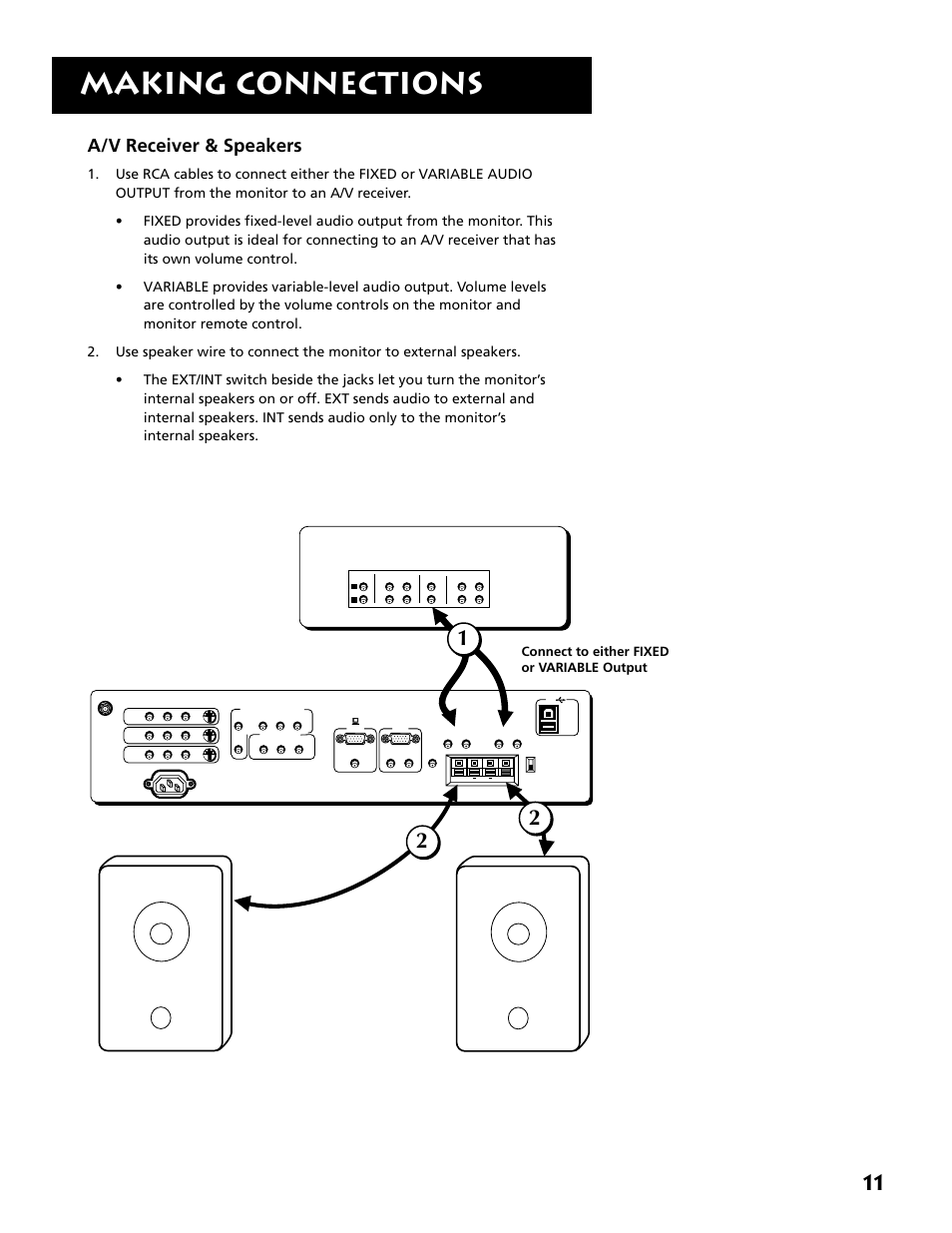 Making connections, A/v receiver & speakers, Connect to either fixed or variable output | RCA MM52110 User Manual | Page 13 / 64