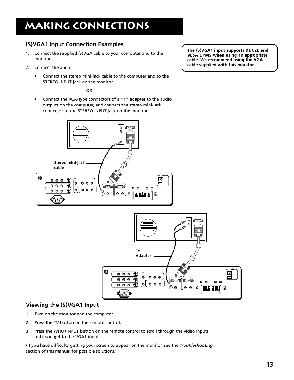 Making connections, S)vga1 input connection examples, Viewing the (s)vga1 input | Y” adapter stereo mini-jack cable, Back of computer | RCA MM52110 User Manual | Page 15 / 64