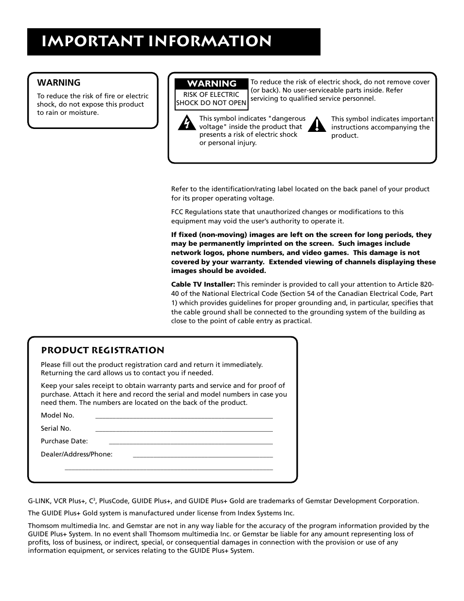 Important information | RCA MM52110 User Manual | Page 2 / 64