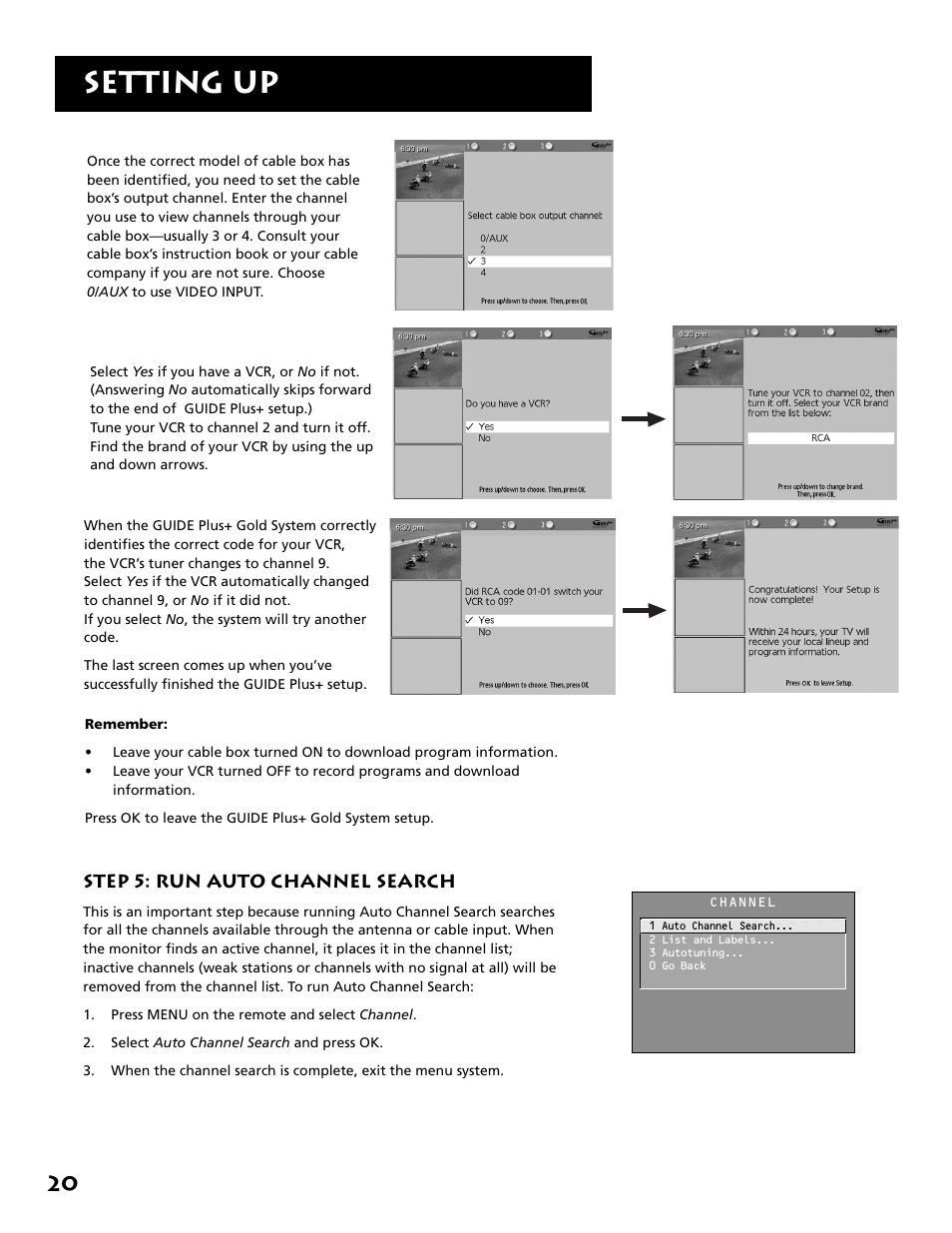 Step 5: run auto channel search, Setting up | RCA MM52110 User Manual | Page 22 / 64