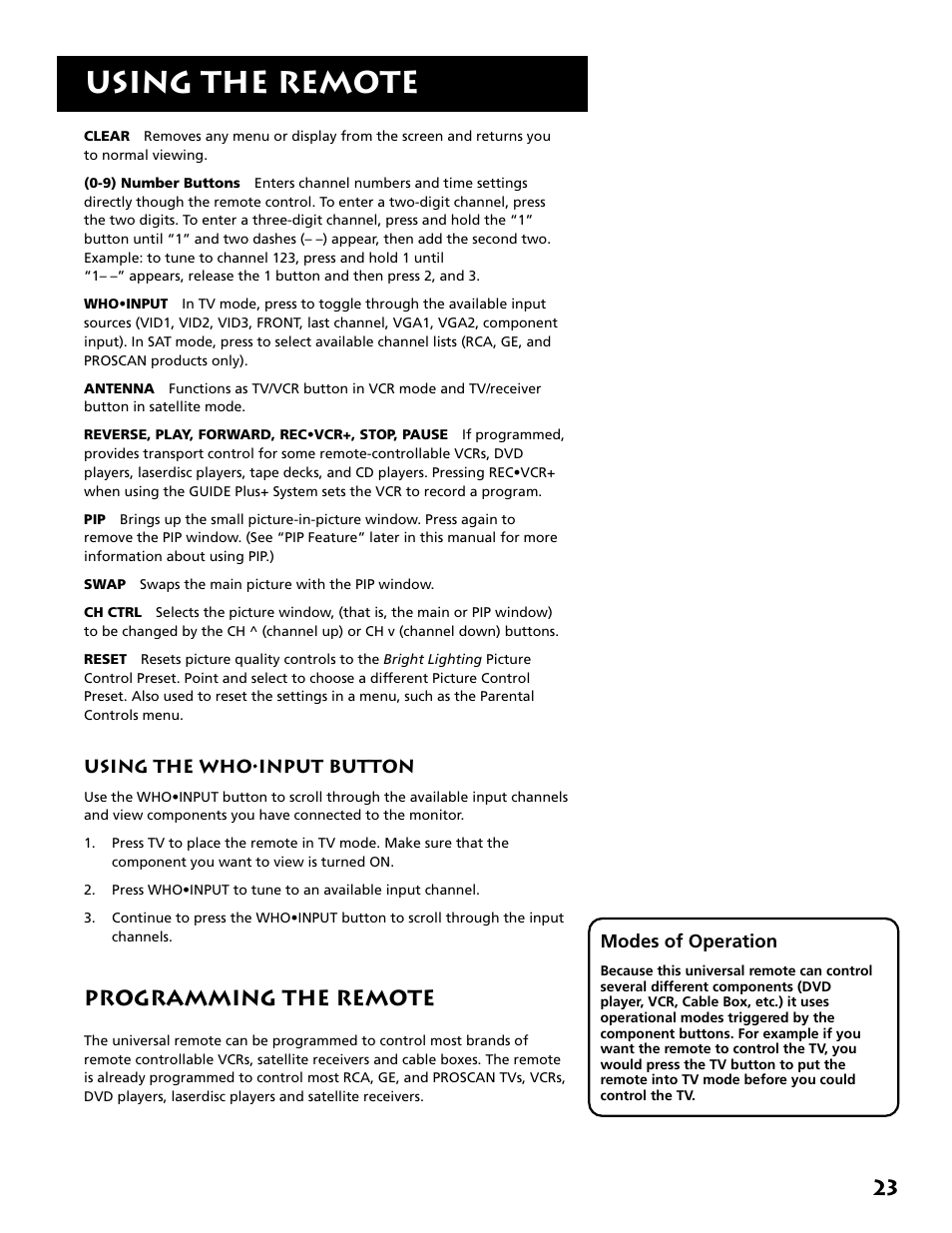 Using the who•input button, Programming the remote, Using the remote | RCA MM52110 User Manual | Page 25 / 64