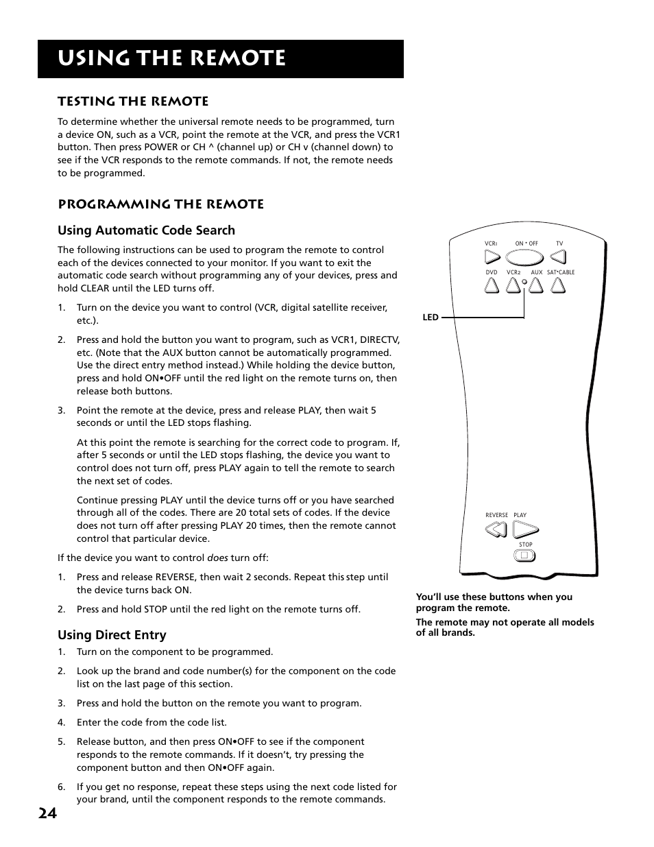 Testing the remote, Programming the remote, Using the remote | Programming the remote using automatic code search, Using direct entry | RCA MM52110 User Manual | Page 26 / 64