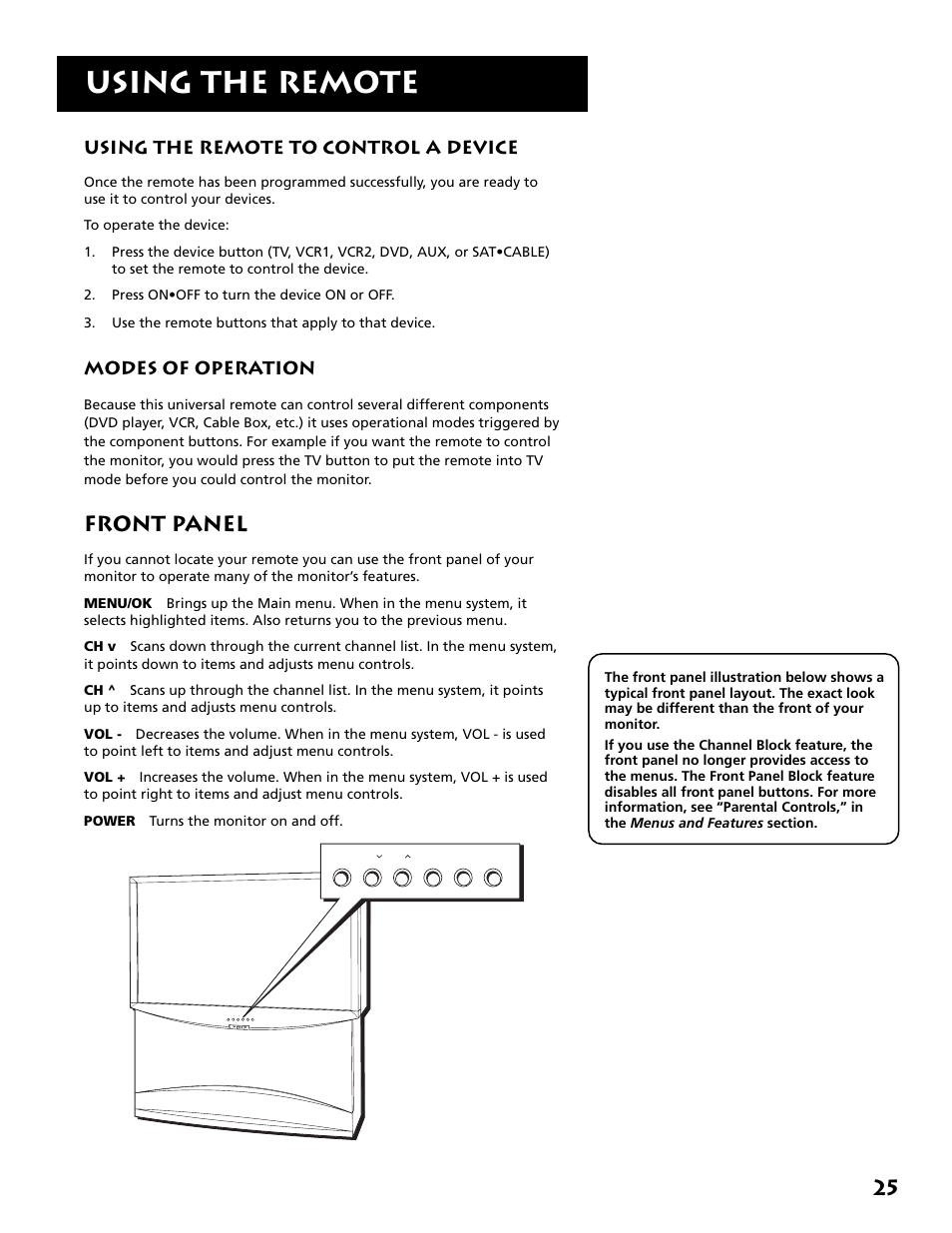 Using the remote to control a device, Modes of operation, Front panel | Using the remote | RCA MM52110 User Manual | Page 27 / 64