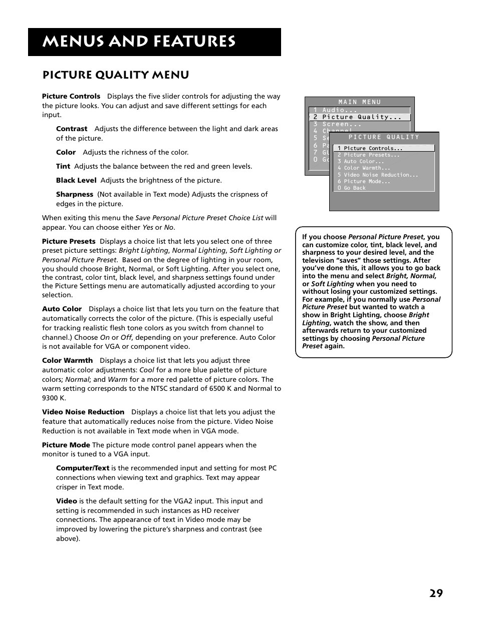 Picture quality menu, Menus and features | RCA MM52110 User Manual | Page 31 / 64